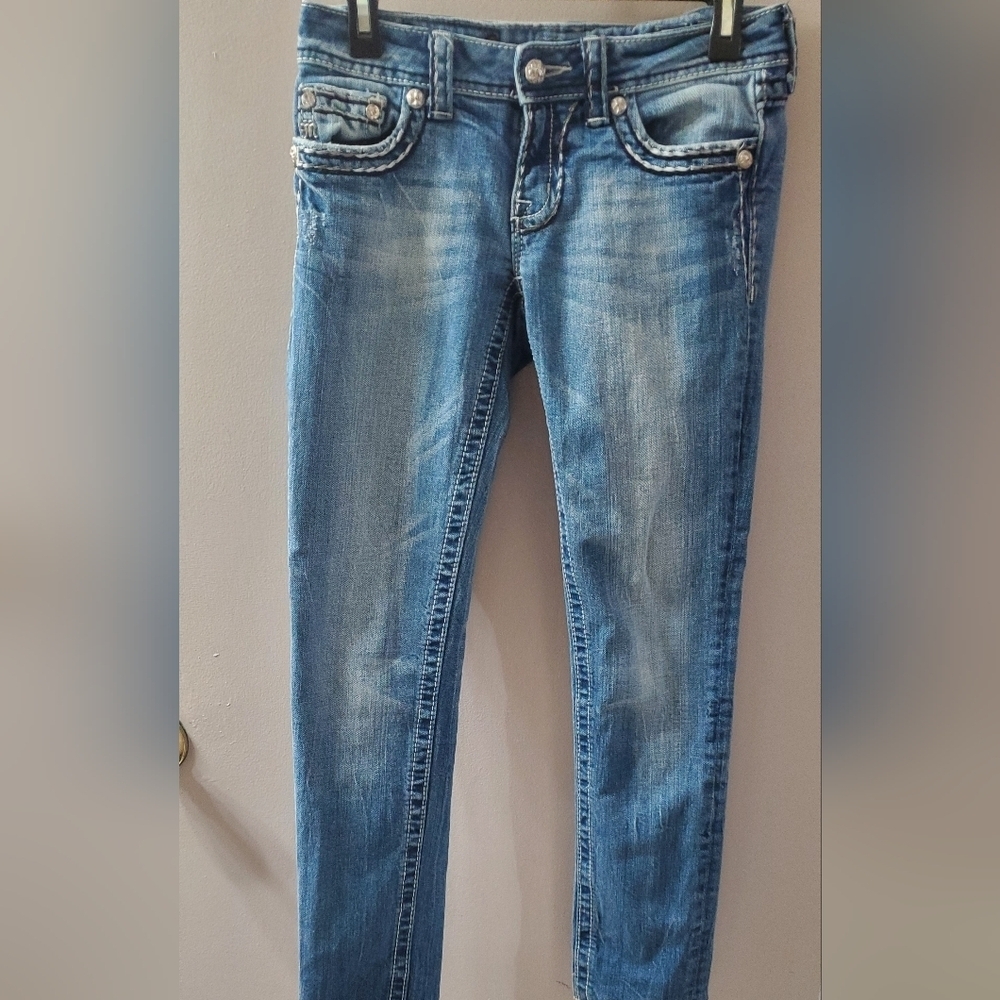 Miss Me Blue Skinny Jeans Sz 27x28 Stitch Design On Pockets